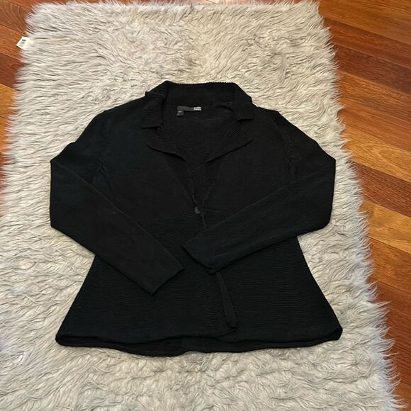 Eileen Fisher classic black silk blend button front flowy cardigan - Picture 1 of 5